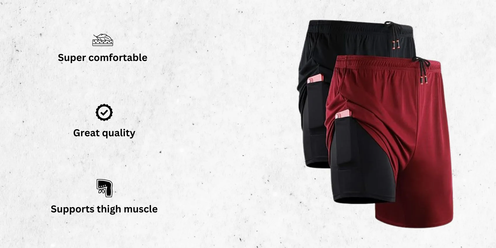 an image of NELEUS Men's 2 in 1 Running Shorts with Liner alongside its main features