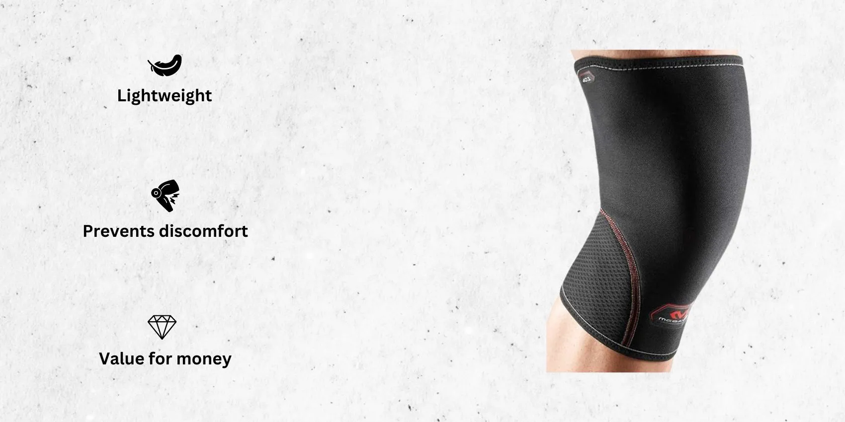 an image of Neoprene Knee Support McDavid Knee brace for runners alongside its main features