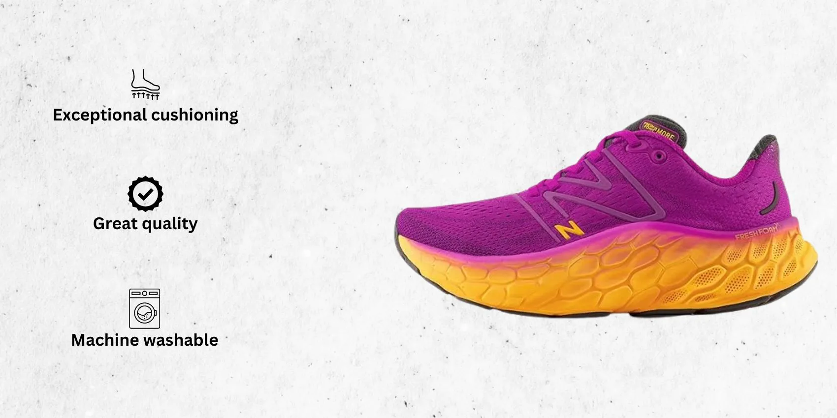 an image of New Balance Women's Fresh Foam X More V4 Running Shoe for forefoot strikers alongside its main features