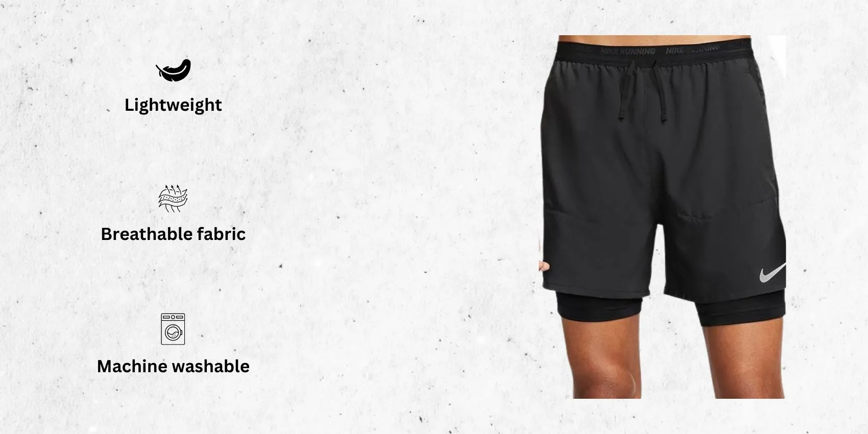 an image of Nike Dri-FIT Stride Men's 5 2-in-1 Running Shorts alongside its main features