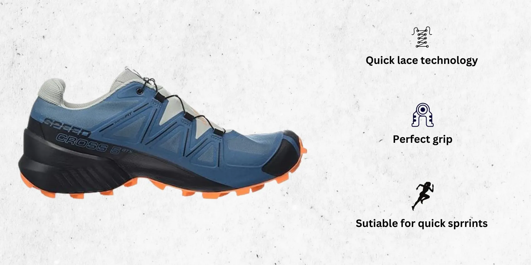 an image of Salomon Men's Speedcross 5 Gore-tex Trail Running Shoes for forefoot strikers alongside its main features