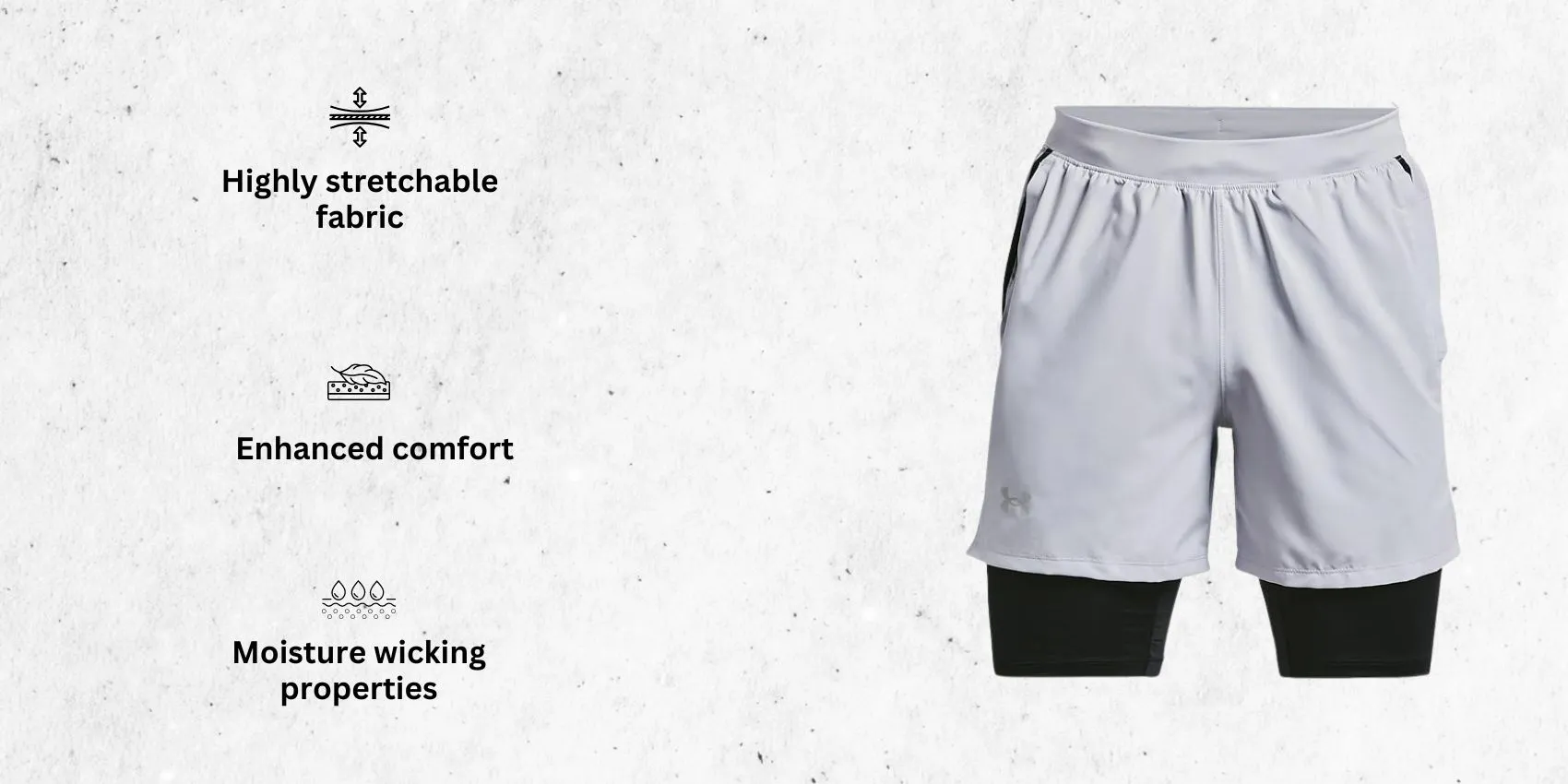 an image of Under Armour Men's Launch Run 5-inch 2-in-1 men's running shorts alongside its main features