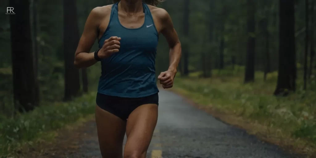 an image of a female runner running on the road while wearing running bra, watch & women's running underwear to prevent chafing (1)