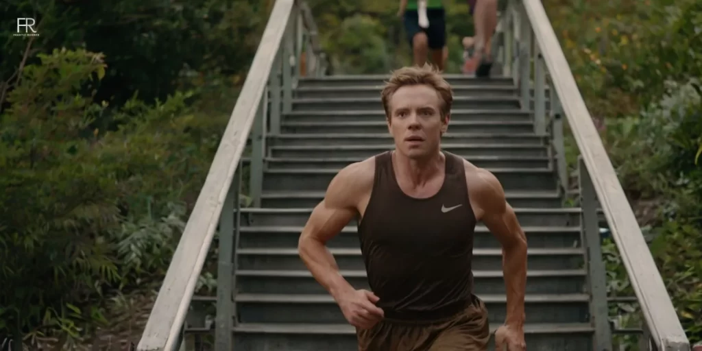 an image of a runner running on the stairs while wear running gear, while trying to increase his height by running