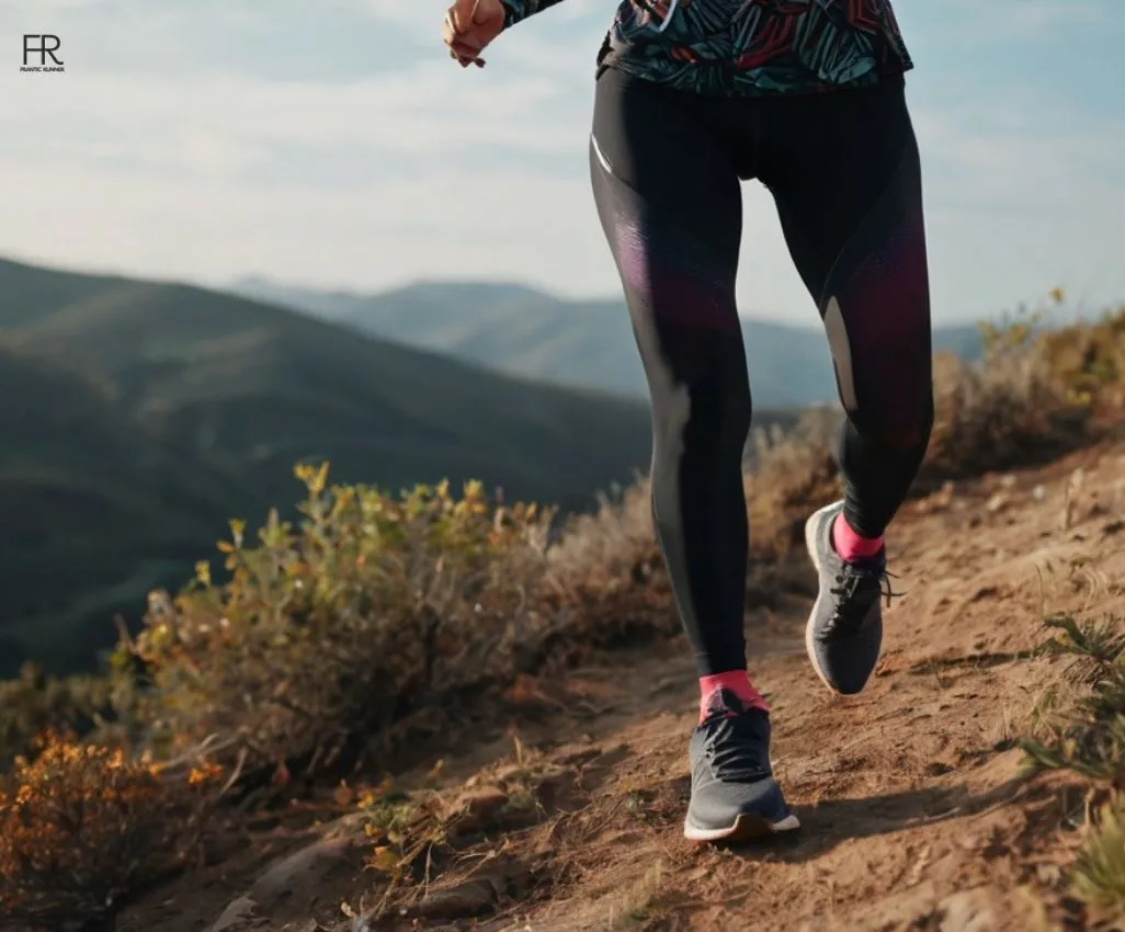 an image of a woman wearing men's running shoes while running on the hills