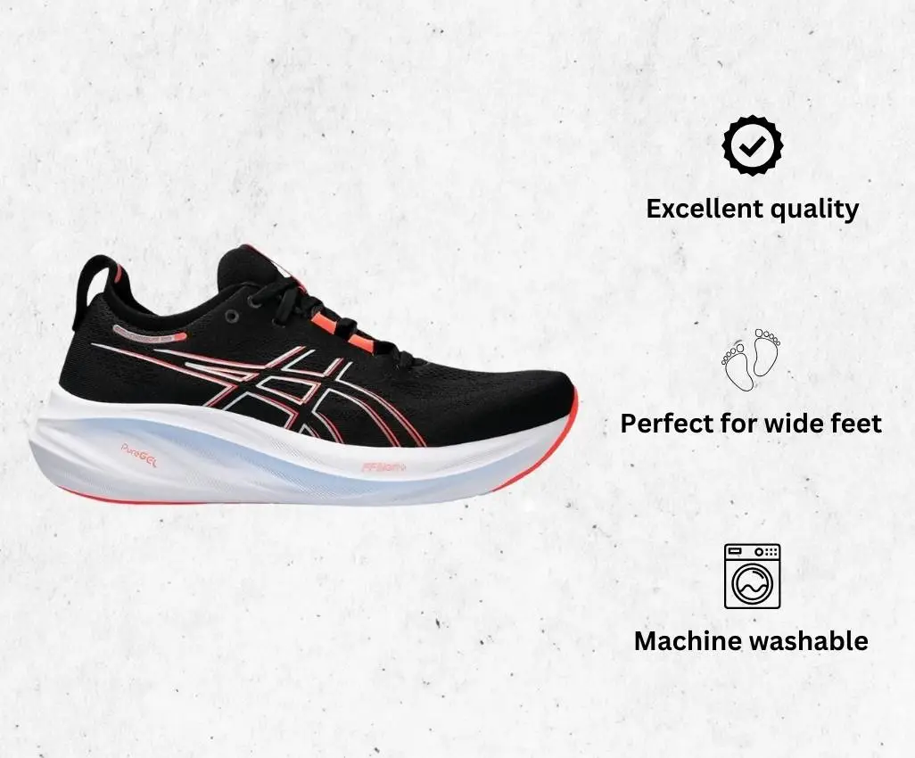 a product image of ASICS Men's Gel-Nimbus 26 Running Shoes best 8mm drop running shoes alongside its main features