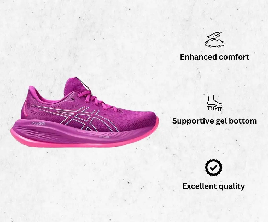 a product image of ASICS Women's Gel-Cumulus 26 Running Shoe best 8mm drop running shoes alongside its main features