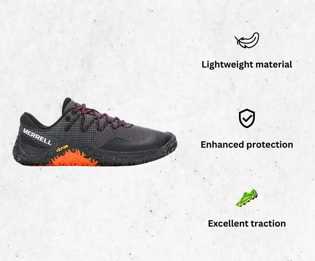 a product image of Merrell Men's Trail Glove 7 Sneaker barefoot running shoes for women alongside its main features