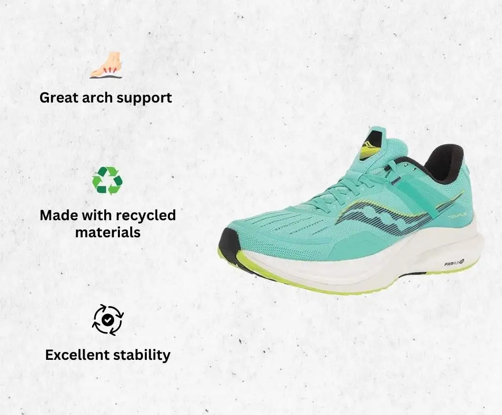 a product image of Saucony Women's Tempus Sneaker best 8mm drop running shoes alongside its main features