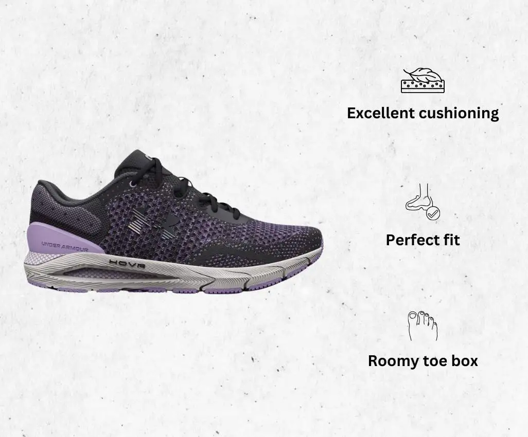 a product image of Under Armour Women's HOVR Intake 6 Running Shoe best 8mm drop running shoes alongside its main features