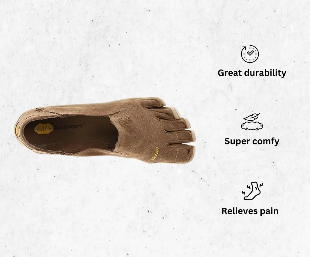 a product image of Vibram Women's FiveFingers CVT Hemp Minimalist Casual barefoot running shoes for women alongside its main features