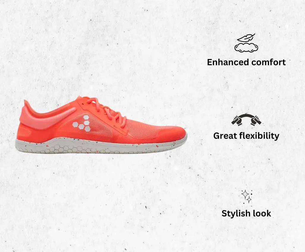 a product image of Vivobarefoot Primus Lite III, Womens Vegan Light Breathable women's barefoot running shoes alongside its main features