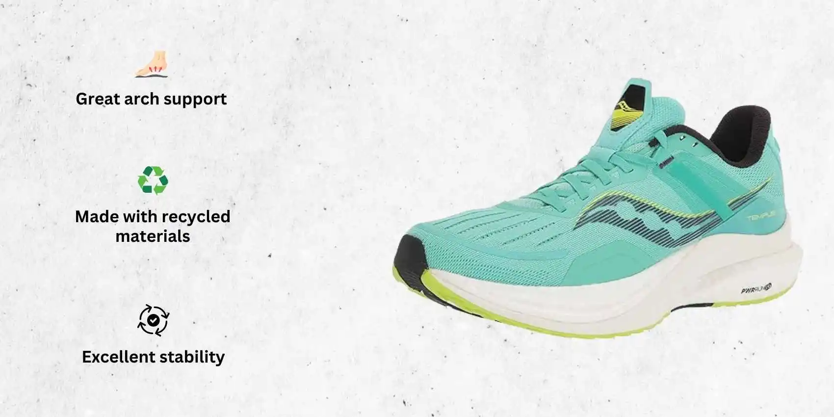 an image of Saucony Women's Tempus Sneaker best 8mm drop running shoes alongside its main features