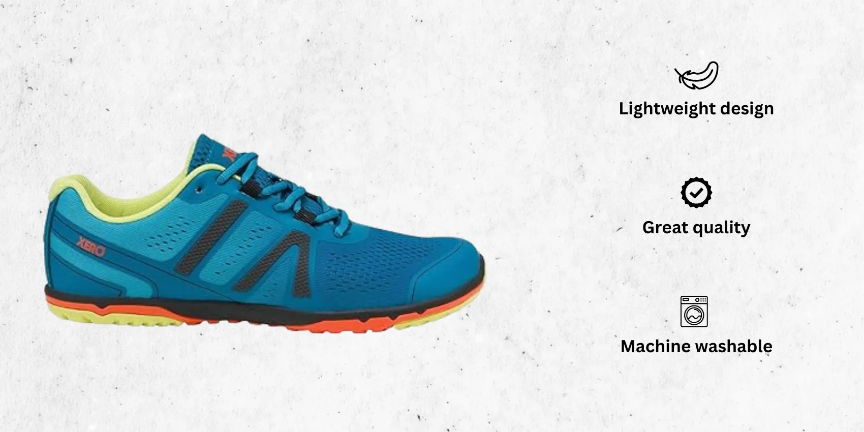 an image of Xero Shoes Barefoot Running Shoes for Women alongside its main features