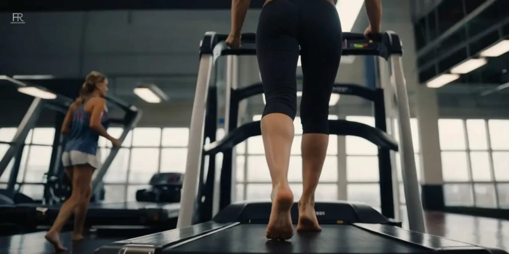 an image of a female running on the treadmill without shoes while thinking is running on the treadmill without shoes useful